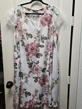 BloomChic White Midi Dress with Pink Floral Print and Crochet Cap Sleeves